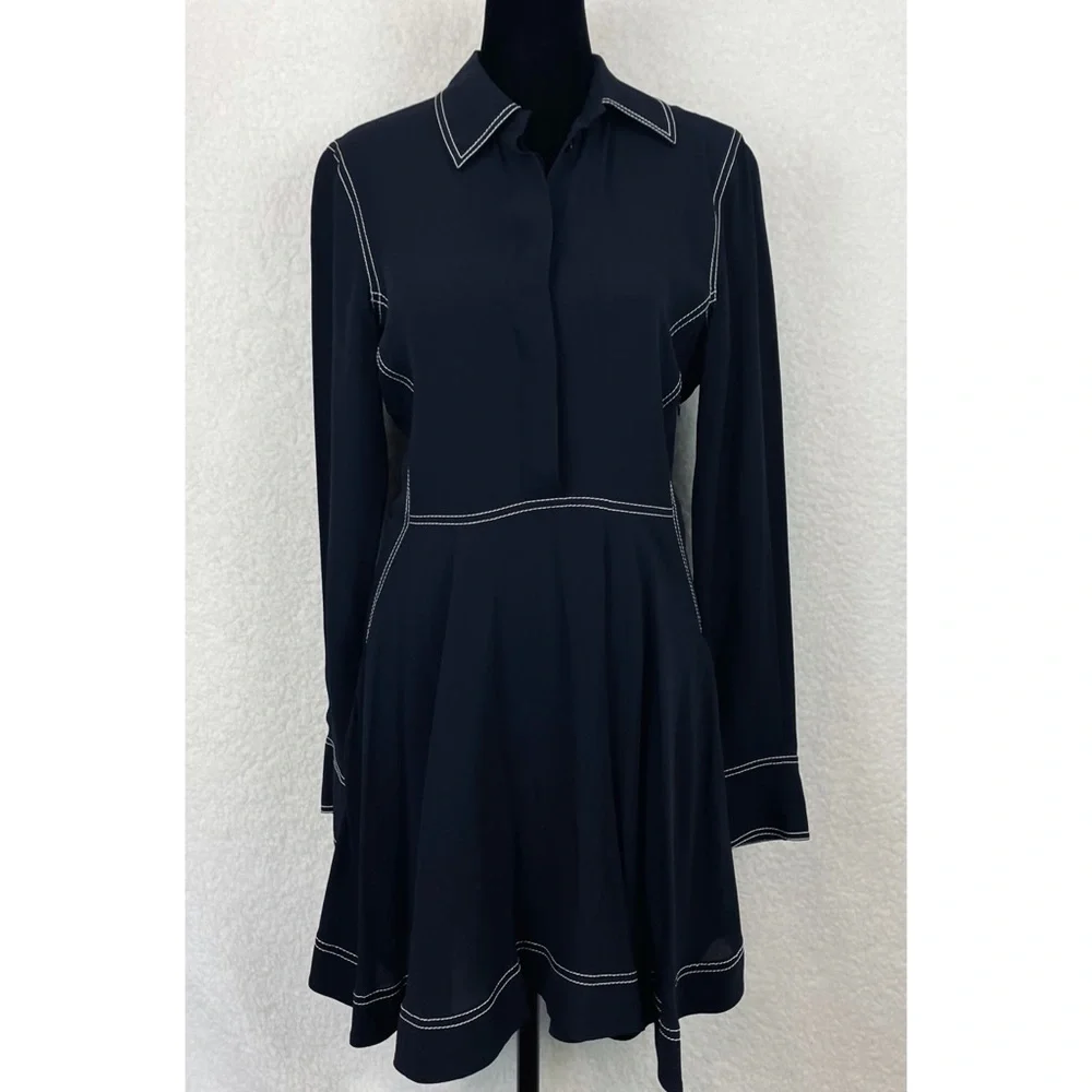 STELLA MCCARTNEY • 100% Silk Navy Contrast-Stitch Collared Mini Dress, S - Picture 2 of 16